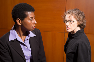 Pictured left to right: Velina Brown" as Ann and Tamar Cohn as Cathy in THE ANARCHIST by David Mamet; Directed by John Fisher; A Theatre Rhinoceros Production at the Eureka Theatre; Photo by David Wilson. (*Member Actors' Equity