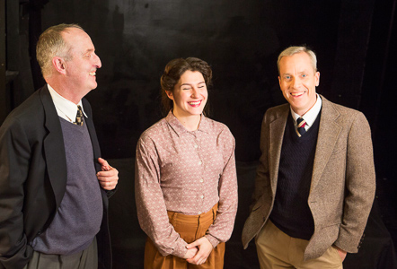 Pictured left to right: Val Hendrickson* (Knox), Kirsten Peacock (Pat), and John Fisher (Turing) in BREAKING THE CODE by Hugh Whitemore. A Theatre Rhinoceros Production. Photo by David Wilson. *Member, Actor's Equity Association

