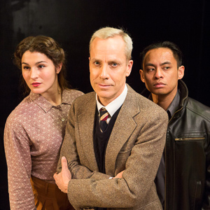 Pictured left to right: Kirsten Peacock (Pat), John Fisher (Turing), and Justin Lucas (Ron) in BREAKING THE CODE by Hugh Whitemore. A Theatre Rhinoceros Production. Photo by David Wilson. 
