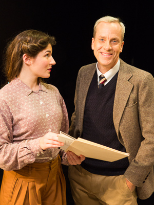 Pictured left to right: Kirsten Peacock (Pat) and John Fisher (Turing) in BREAKING THE CODE by Hugh Whitemore. A Theatre Rhinoceros Production. Photo by David Wilson.
