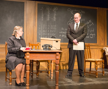 Pictured left to right: Celia Maurice as Sara, Patrick Ross as Ross in Breaking the Code by Hugh Whitemore; A Theatre Rhinoceros production at the Eureka Theatre. Photo by David Wilson.