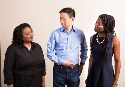 Pictured left to right: Alexaendrai Bond as Drea, Hawlan Ng as Peter, and Nkechi Emeruwa as Rebecca in THE CALL by Tanya Barfield; Directed by Jon Wai-keung Lowe; A Theatre Rhinoceros Production at the Eureka Theatre.

