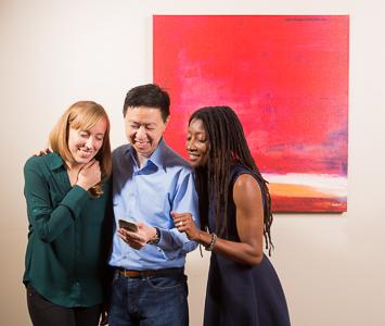 Pictured left to right: Melissa Keith as Annie, Hawlan Ng as Peter, Nkechi Emeruwa as Rebecca in THE CALL by Tanya Barfield; Directed by Jon Wai-keung Lowe; A Theatre Rhinoceros Production at the Eureka Theatre. 