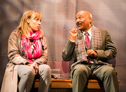 Pictured left to right: Melissa Keith as Annie and Darryl V. Jones* as Alemu in THE CALL by Tanya Barfield; Directed by Jon Wai-keung Lowe; A Theatre Rhinoceros Production at the Eureka Theatre. Photo by David Wilson. 
*Member, Actors Equity Association
