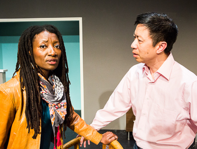 Pictured left to right: Nkechi Emeruwa as Rebecca and Hawlan Ng as Peter in THE CALL by Tanya Barfield; Directed by Jon Wai-keung Lowe; A Theatre Rhinoceros Production at the Eureka Theatre. Photo by David Wilson. 