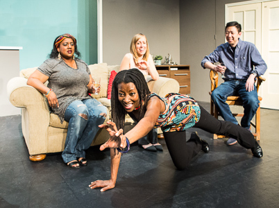 Pictured left to right: Alexaendrai Bond as Drea, Nkechi Emeruwa as Rebecca, Melissa Keith as Annie and Hawlan Ng as Peter in THE CALL by Tanya Barfield; Directed by Jon Wai-keung Lowe; A Theatre Rhinoceros Production at the Eureka Theatre. Photo by David Wilson. 