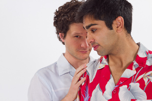 Pictured left to right: Aaron Wilton as August and Kayal Khanna as Kip in Something Cloudy, Something Clear by Tennessee Williams; Directed by John Fisher; a Theatre Rhinoceros production at the Eureka Theatre; Photo by Kent Taylor.
