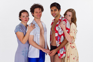 Pictured left to right:; Maryssa Wanlass as Hazel; Aaron Wilton as August; Kayal Khanna as Kip; and Gwen Kingston as Clare in Something Cloudy, Something Clear by Tennessee Williams; Directed by John Fisher; a Theatre Rhinoceros production at the Eureka Theatre; Photo by Kent Taylor.