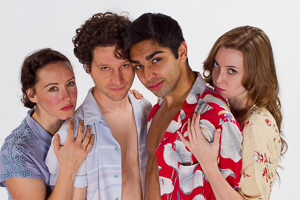 Pictured left to right: Maryssa Wanlass as Hazel; Aaron Wilton as August; Kayal Khanna as Kip; and Gwen Kingston as Clare in Something Cloudy, Something Clear by Tennessee Williams; Directed by John Fisher; a Theatre Rhinoceros production at the Eureka Theatre; Photo by Kent Taylor.