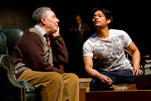 Pictured left to right: Donald Currie as Auden, John Fisher as Britten and Justin Lucas as Stuart in in The Habit of Art by Alan Bennett; directed by John Fisher; a Theatre Rhinoceros production at Z Below; photo by Kent Taylor.