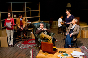Pictured left to right: Tamar Cohn as Kay, Craig Souza as Carpenter, Donald Currie as Auden, Justin Lucas as Stuart, Kathryn Wood as George, and John Fisher as Britten in The Habit of Art by Alan Bennett; directed by John Fisher; a Theatre Rhinoceros production at Z Below; photo by Kent Taylor.