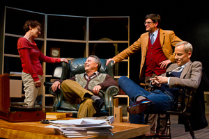 Pictured left to right: Tamar Cohn as Kay, Donald Currie as Auden, Craig Souza as Carpenter, and John Fisher as Britten in The Habit of Art by Alan Bennett; directed by John Fisher; a Theatre Rhinoceros production at Z Below; photo by Kent Taylor.