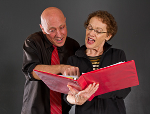 Pictured left to right: Michael DeMartini as Neil and Tamar Cohn as Kay in The Habit of Art by Alan Bennett, directed by John Fisher; A Theatre Rhinoceros production at Z Below; Photo by Kent Taylor.