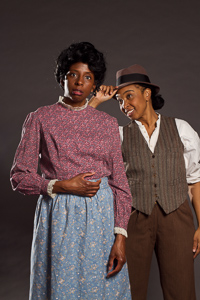 Pictured left to right: Velina Brown as Miss Flora and Dawn L. Troupe in A Lady and a Woman by Shirlene Holmes, directed by John Fisher; a Theatre Rhinoceros production at the Eureka Theatre; Photo by Kent Taylor.