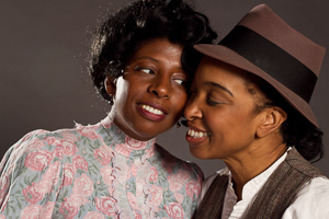 Pictured left to right: Velina Brown as Miss Flora and Dawn L. Troupe in A Lady and a Woman by Shirlene Holmes, directed by John Fisher; a Theatre Rhinoceros production at the Eureka Theatre; Photo by Kent Taylor.