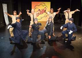Pictured left to right: Justin Lucas as Hank, Daile Mitchum as Yammy, Donald Currie as Nim, Kirsten Peacock as Hiro, Naomi Evans as Shigeru, Paul Renolis as Frank, JD Scalzo as Spru, and Katina Letheule as Naggy in The Battle of Midway! Live! Onstage! by John Fisher and Don Seaver. A Theatre Rhinoceros Production at The Costume Shop. Photo by David Wilson.