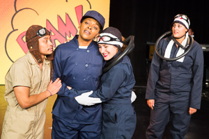 Pictured left to right: Justin Lucas as Hank, Daile Mitchum as Yammy, Kirsten Peacock as Hiro, and Naomi Evans as Shigeru in The Battle of Midway! Live! Onstage! by John Fisher and Don Seaver. A Theatre Rhinoceros Production at The Costume Shop. Photo by David Wilson.