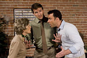 Pictured left to right: Tamar Cohn as Doreen, Jeremy Cole as Dave and Christopher M. Nelson as Jack in A Necessary Evil by John Fisher; Photo by Kent Taylor