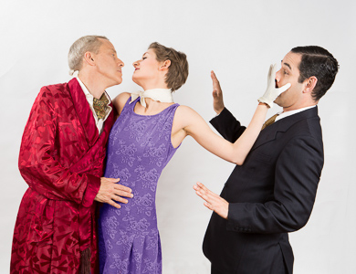 Pictured left to right: John Fisher as Garry, Adrienne Dolan as Daphne, and Carlos Barrera as Henry in Noël Coward's PRESENT LAUGHTER, A Theatre Rhinoceros Production at The Eureka Theatre
Photo by David Wilson.