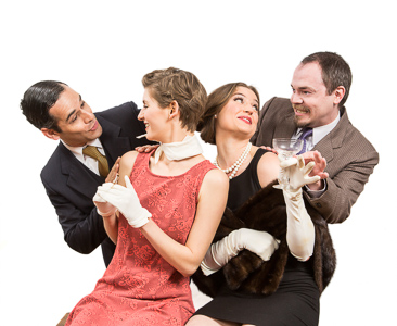 Pictured left to right: Carlos Barrera as Henry, Adrienne Dolan as Daphne, Amanda Farbstein as Joanna, and Adam Simpson as Morris in Noël Coward's PRESENT LAUGHTER, A Theatre Rhinoceros Production at The Eureka Theatre
Photo by David Wilson.