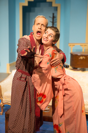 Pictured left to right: John Fisher as Garry and Adrienne Dolan as Daphne in Noël Coward's PRESENT LAUGHTER, A Theatre Rhinoceros Production at The Eureka Theatre, Photo by David Wilson. 
