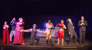 Pictured left to right: Kate McCarthy as Boca Girl, Kim Larsen as Armstrong, Sarah Young as Mrs. Yerkes, Rudy Guerrero* as Wilson Mizner, Kathryn Wood as Mama, Ae’Jay Mitchell as Jockey, Justin Lucas as Stanley Ketchel, Michael Doppe as Hollis Bessemer and Bill Fahrner* as Addison Mizner in ROAD SHOW music and lyrics by Stephen Sondheim, book by John Weidman, directed by John Fisher, photo by David Wilson; A Theatre Rhinoceros Production at the Eureka Theatre. *Member Actors’ Equity Association.