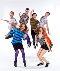 Pictured left to right: Robert Kittler as Marty, Asali Echols as Cynthia, Zachary Isen as Jerry, Ben Calabrese as Rory, Alexandra Izdebski as Anis, and Nicholas Trengove as Giles in
Slugs and Kicks by John Fisher. A Theatre Rhinoceros production at Thick House. Photo by Kent Taylor.