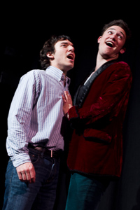 Pictured left to right: Ben Calabrese as Rory and Zachary Isen as Jerry in Slugs and Kicks by
John Fisher. A Theatre Rhinoceros production at Thick House. Photo by Kent Taylor. Action:
Rory and Jerry sing their favorite showtunes.