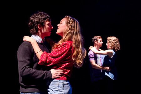 Pictured left to right: Ben Calabrese as Rory, Asali Echols as Cynthia, Nicholas Trengove as
Giles and Alexandra Izdebski as Anis in Slugs and Kicks by John Fisher. A Theatre Rhinoceros
production at Thick House. Photo by Kent Taylor. Action: Rory and Cynthia embrace
passionately as Giles and Anis sing of their love. 