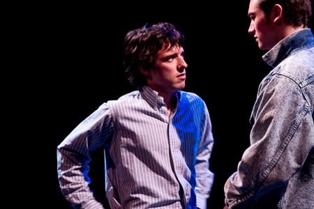 Pictured left to right: Ben Calabrese as Rory and Zachary Isen as Jerry in Slugs and Kicks by
John Fisher. A Theatre Rhinoceros production at Thick House. Photo by Kent Taylor. 
Action: Jerry confronts Rory.