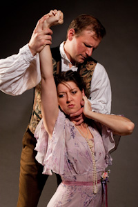 Pictured from top to bottom: Ryan Tasker as Felice and Alexandra Creighton at Clare in The Two-Character Play by Tennessee Williams. A Theatre Rhinoceros production at the Eureka Theatre. Costumes by Christine U'Ren, photo by Kent Taylor.