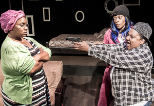 Pictured left to right: Kelli Crump as Moms, Daile Mitchum as LaQuita, and Alexaendrai Bond as Mo in WALK LIKE A MAN by Laurinda D. Brown; directed by John Fisher. A Theatre Rhinoceros Production at The Costume Shop. Photo by David Wilson.