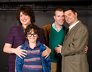 Pictured: (left to right) Leanne Borghesi as Trina, David Kahawaii as Jason, Scott Gessford as Whizzer, and Christian Bohm as Marvin in "Falsettos", by William Finn and James Lapine, at Theatre Rhinoceros.  Directed by Hector Correa; musical direction by Mark Hanson.  Photo by Kent Taylor.