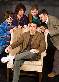 Pictured: (standing left to right) David Kahawaii as Jason, Leanne Borghesi as Trina, Scott Gessford as Whizzer, Christian Bohm as Marvin, and (seated) Christopher M. Nelson as Mendel in "Falsettos", by William Finn and James Lapine, at Theatre Rhinoceros.  Directed by Hector Correa; musical direction by Mark Hanson.  Photo by Kent Taylor.
