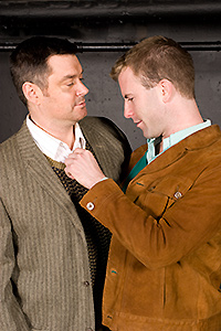 Pictured: (left to right) Christian Bohm as Marvin and Scott Gessford as Whizzer in "Falsettos", by William Finn and James Lapine, at Theatre Rhinoceros.  Directed by Hector Correa; musical direction by Mark Hanson.  Photo by Kent Taylor.
