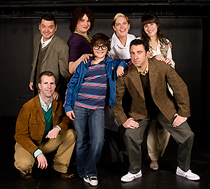 Pictured: (top row, left to right) Christian Bohm as Marvin, Leanne Borghesi as Trina, Laurie Bushman as Dr. Charlotte, Amanda Dolan as Cordelia, (bottom row, left to right) Scott Gessford as Whizzer, David Kahawaii as Jason, and Christopher M. Nelson as Mendel in "Falsettos", by William Finn and James Lapine, at Theatre Rhinoceros.  Directed by Hector Correa; musical direction by Mark Hanson.  Photo by Kent Taylor.
