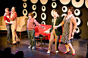 Pictured (left to right) Scott Gessford as Whizzer, Christian Bohm as Marvin, David Kahawaii as Jason, Christopher M. Nelson as Mendel, Leanne Borghesi as Trina in "Falsettos", by William Finn and James Lapine, at Theatre Rhinoceros.  Directed by Hector Correa; musical direction by Mark Hanson.  Photo by David Wilson
