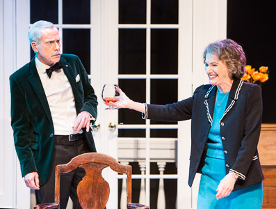 Pictured left to right: John Fisher as Sir Hugo Latymer and Sylvia Kratins as Carlotta Gray in Noel Coward’s A SONG AT TWILIGHT. 
A Theatre Rhinoceros Production at Z Below. Photo by David Wilson. 
