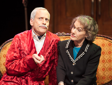 Pictured left to right: John Fisher as Sir Hugo Latymer and Tamar Cohn as Lady Hilde Latymer in Noel Coward’s A SONG AT TWILIGHT. 
A Theatre Rhinoceros Production at Z Below. Photo by David Wilson. 
