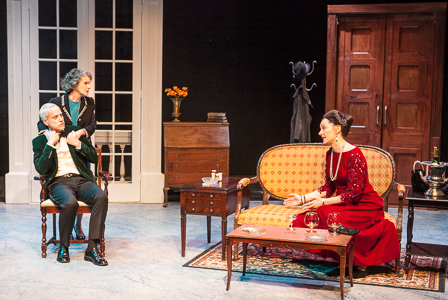 Pictured left to right: John Fisher as Sir Hugo Latymer, Tamar Cohn as Lady Hilde Latymer, and Sylvia Kratins as Carlotta Gray and in Noel Coward’s A SONG AT TWILIGHT. 