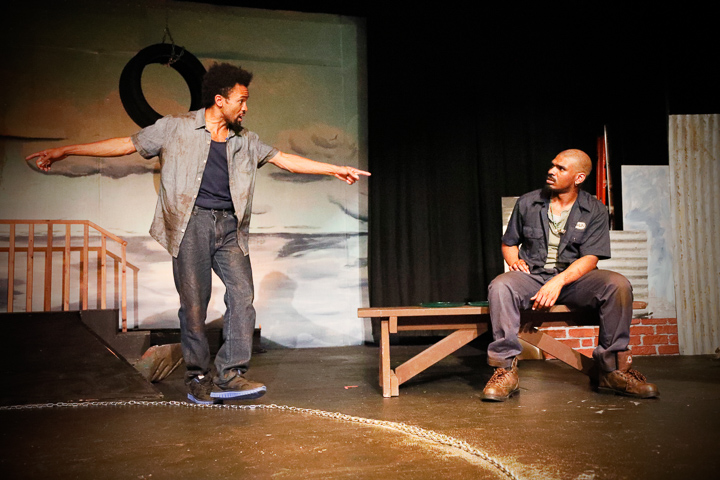 Pictured left to right: Gabriel Christian as Oshoosi and LaKeidrick Wimberly as Ogun in Tarrel Alvin McCraney's THE BROTHERS SIZE, directed by Darryl V. Jones A Theatre Rhinoceros Production at the Eureka Theatre; photo by Steven Ho.