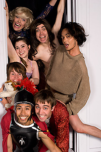 Pictured clockwise from top: Jordan L. Moore as Carol Channing, Nicholas Yenson as Jesus Christ, Jean Franco Pilas as An Early Christian, Aaron Martinsen as Aaron, Norman Muñoz as Constantine the Great, Erin Tate Maxon as Slumber Girl, and Rachel L. Jacobs as The Christmas Fairy in The Rhino Christmas Panto, written and directed by John Fisher, with music and lyrics by James Dudek. Photo by Kent Taylor.