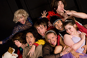Top row, left to right: Jordan L. Moore as Carol Channing and Nicholas Yenson as Jesus Christ. Bottom row, left to right: Erin Tate Maxon as Slumber Girl, Jean Franco Pilas as An Early Christian, Aaron Martinsen as Aaron, Amy Dietz as Mrs. Fosse, Norman Muñoz as Constantine the Great, and Rachel L. Jacobs as The Christmas Fairy. In The Rhino Christmas Panto, written and directed by John Fisher, with music and lyrics by James Dudek. Photo by Kent Taylor.